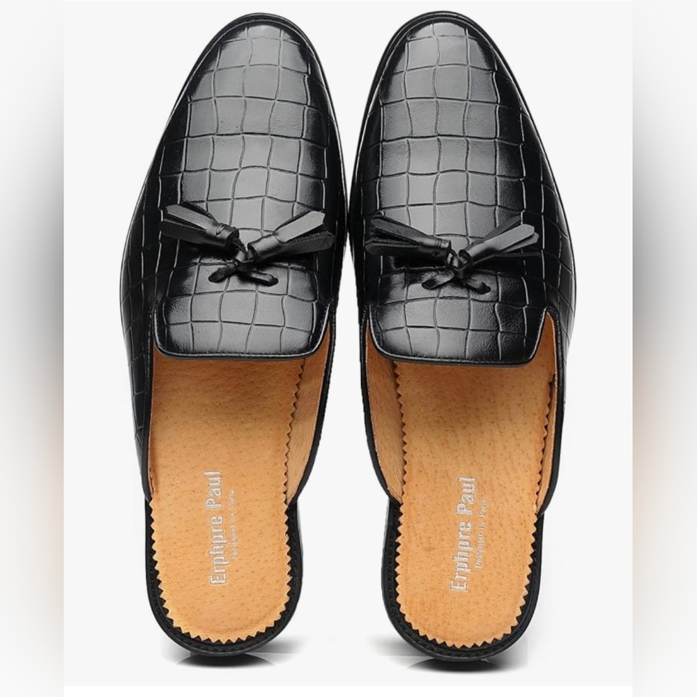 Mens Black Backless Loafers Genuine Leather Mules #1223